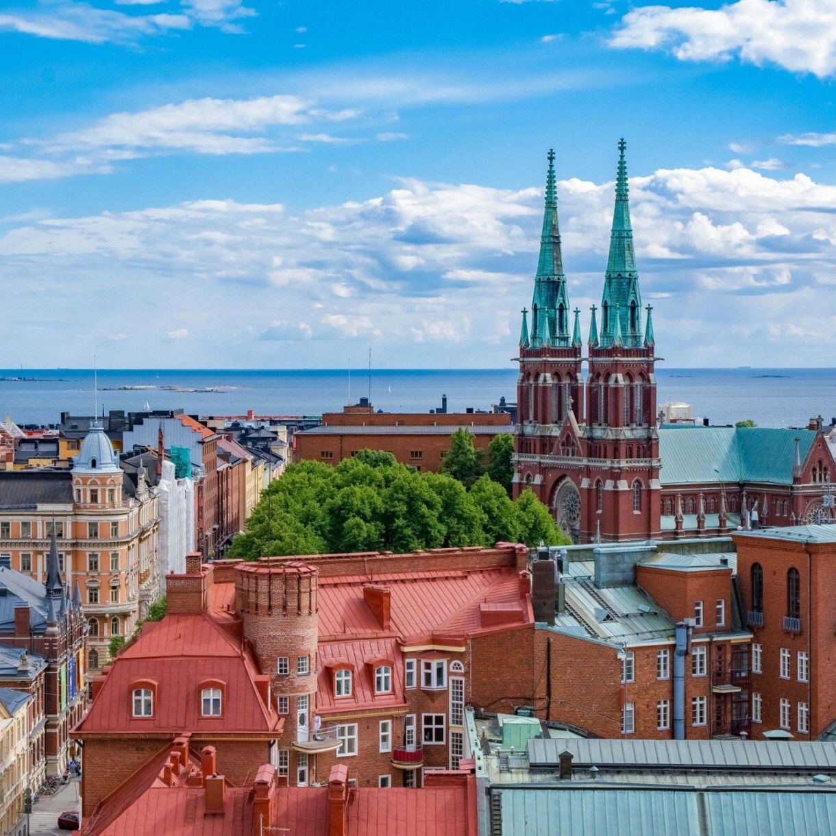 Helsinki, Finland's harbor with historic buildings and Lutheran Cathedral. 