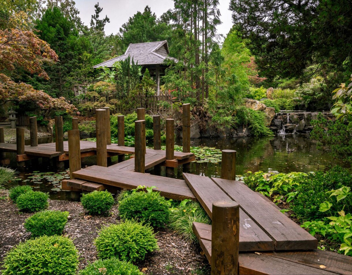 Wooden walkway over a pond with water lilies, surrounded by lush greenery, a small waterfall and a Japanese-style pavilion in the Royal Tasmanian Botanical Gardens.
