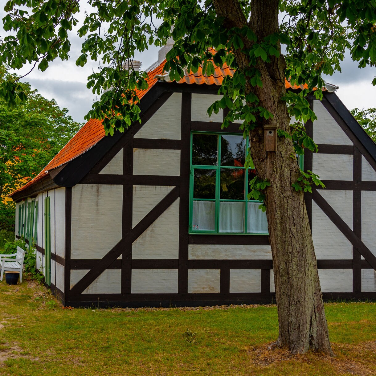 Traditional white half-timbered house with orange tiled roof and green windows in Skagen, Denmark, surrounded by trees and grass.
