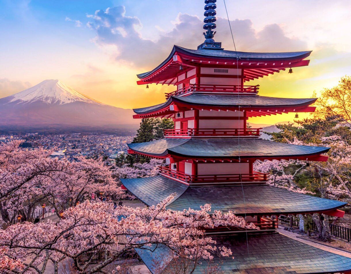 Fujiyoshida, Japan offers a beautiful view of Mount Fuji and Chureito Pagoda at sunset, especially stunning in spring when cherry blossoms frame the iconic landscape.