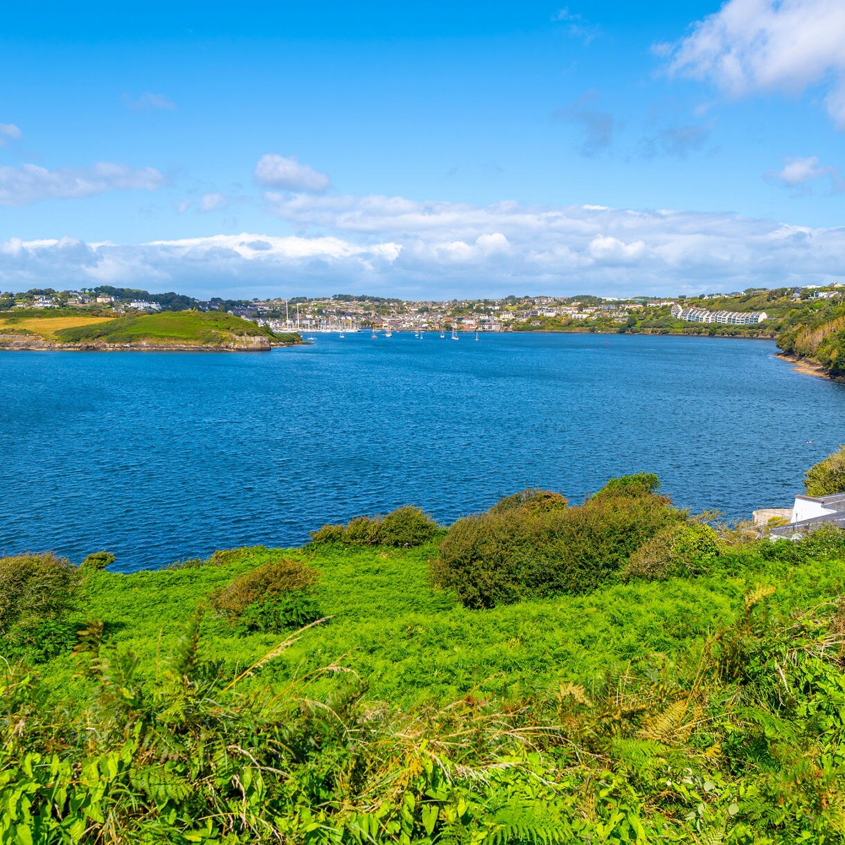  Scenic view of Kinsale, Ireland, with lush green hillsides in the foreground, a calm blue harbor dotted with sailboats and a small seaside town along the shoreline.