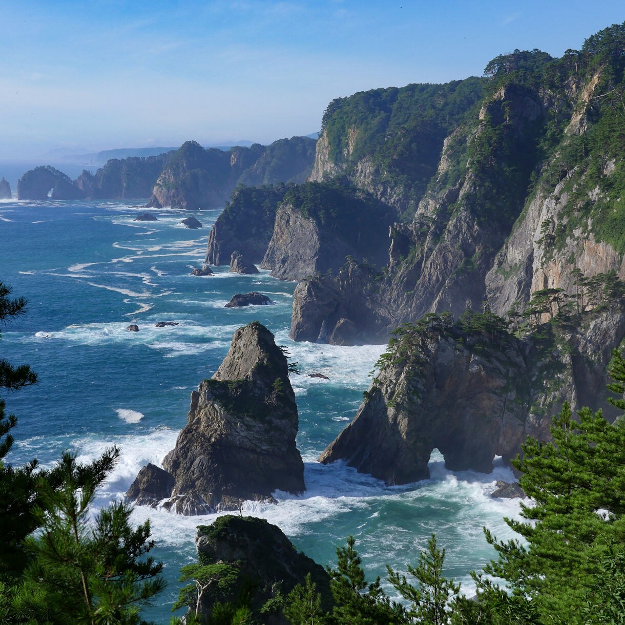 Steep, forested sea cliffs rising sharply above deep blue water with powerful waves hitting jagged rock formations and a prominent natural arch along the coastline.
