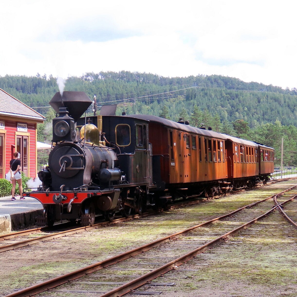 A vintage steam locomotive with wooden passenger cars stopped at a small rural station, surrounded by green forested hills.