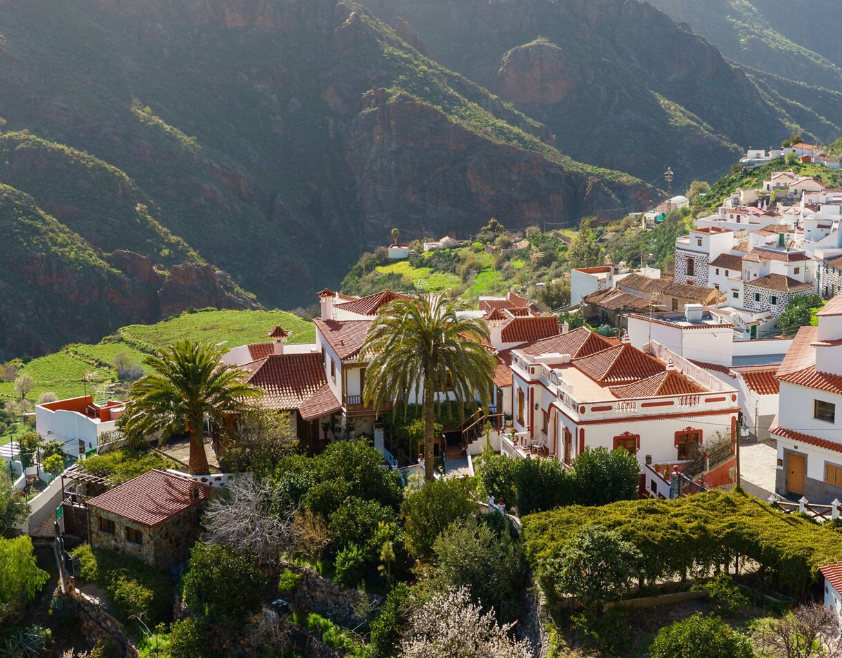 Aerial view of Tejeda, Gran Canaria, with red-roofed houses, palm trees and lush gardens set against steep green mountainsides.