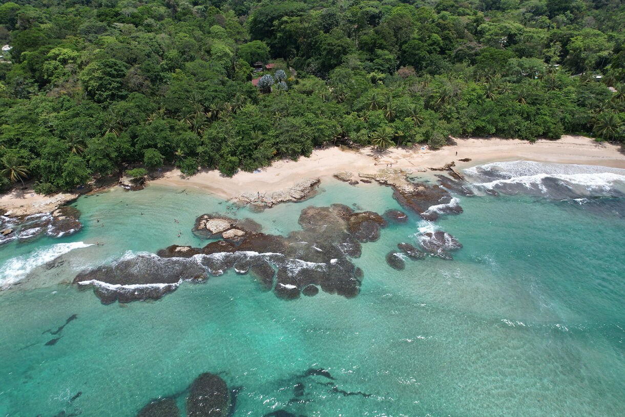 Aerial view of Limón, Costa Rica showing a sandy beach, rocky shoreline and dense tropical forest behind.