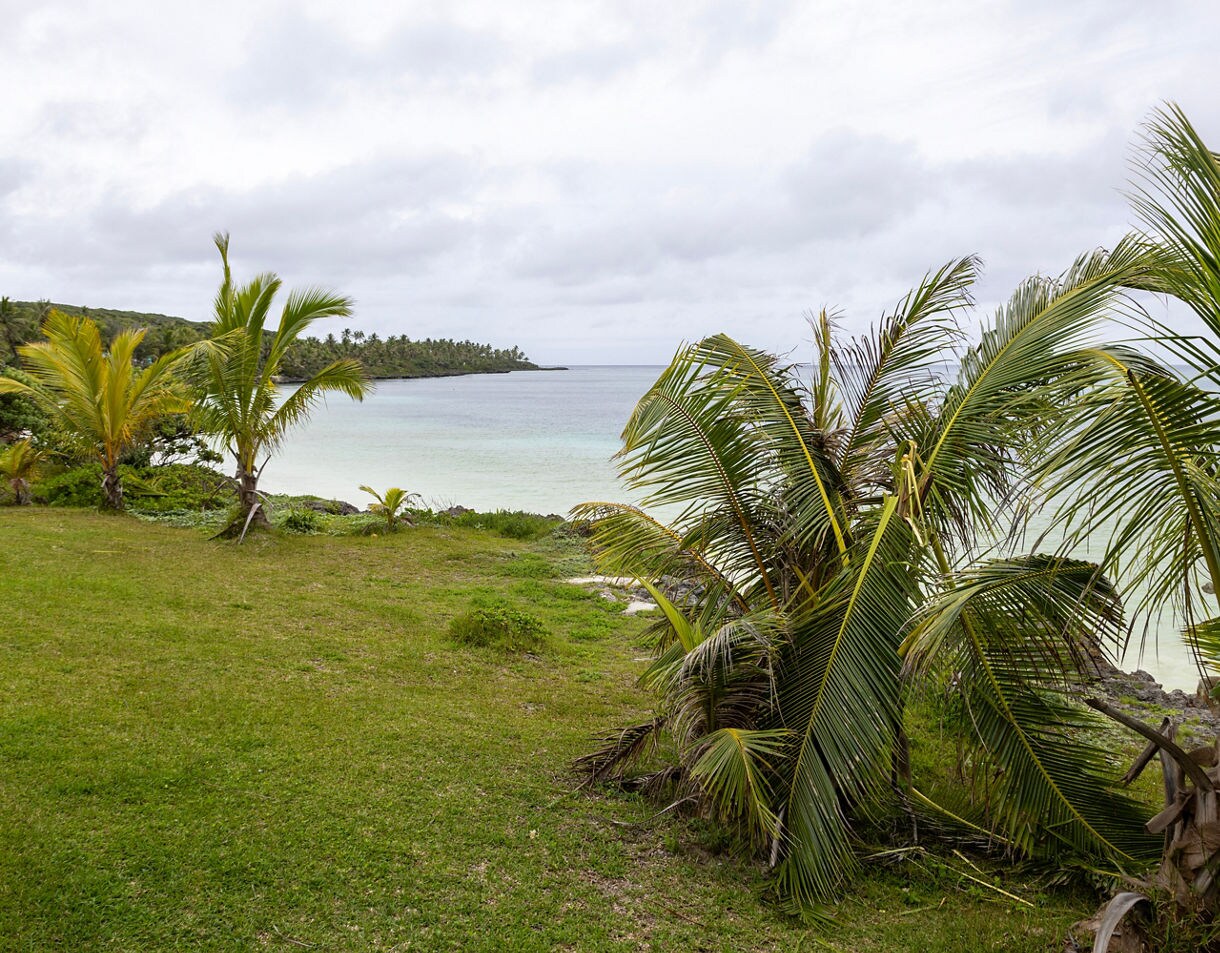 View of Luecila Beach with green palms, grassy shoreline and a calm pale-blue lagoon beneath an overcast sky.