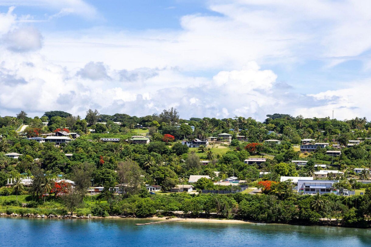 Hillside homes surrounded by lush tropical greenery overlooking a small sandy shoreline and bright blue coastal water.