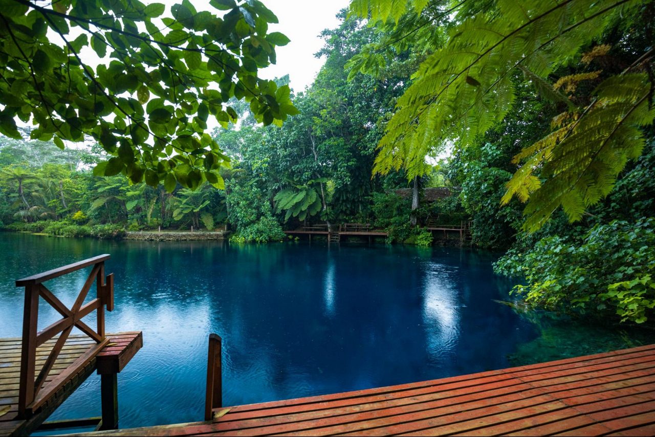 Deep blue freshwater pool surrounded by dense green rainforest, viewed from a wooden deck.