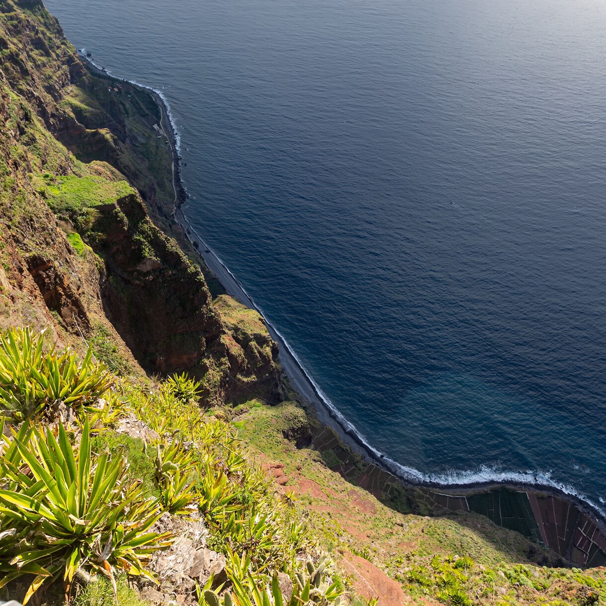 View from the top of Cabo Girão cliff in Madeira, showing steep green and rocky slopes descending sharply to the Atlantic Ocean.