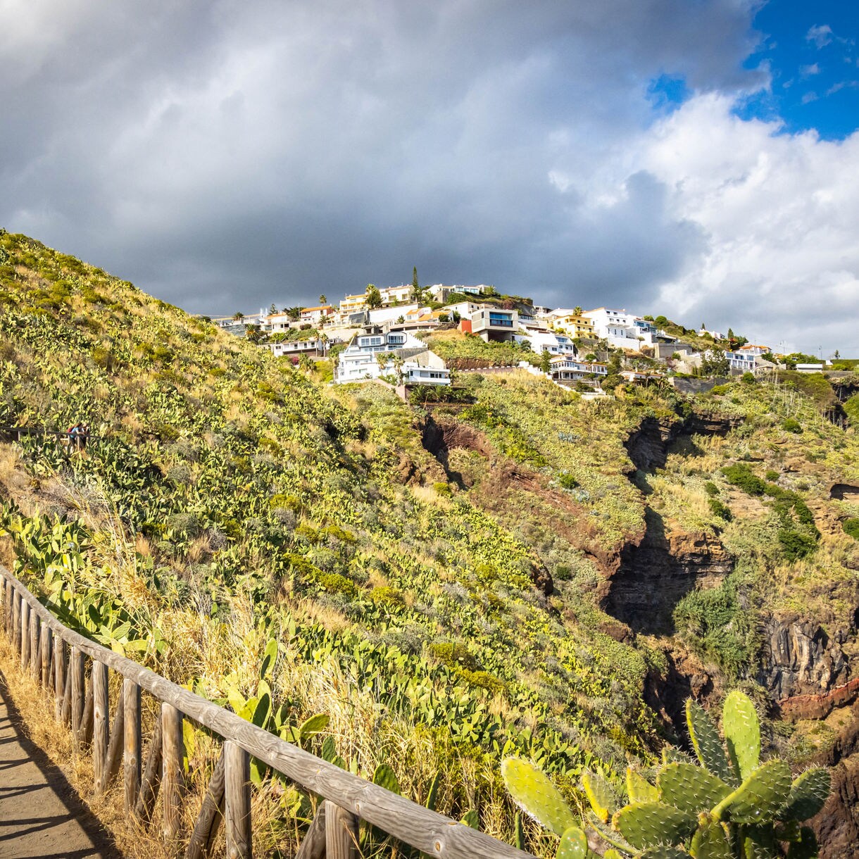 A wooden pathway leads up a hill covered in cactus plants to the Cristo Rei statue in Garajau, Madeira, with white houses scattered on the cliffs under dramatic clouds.