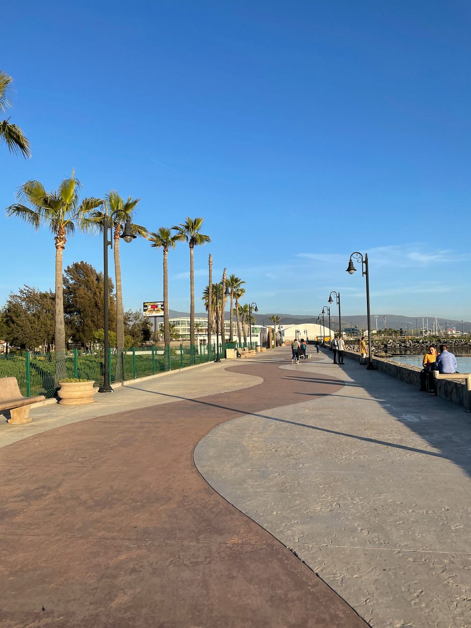 Wide pedestrian walkway of Ensenada’s malecón with palm trees, benches and people enjoying the oceanfront view.