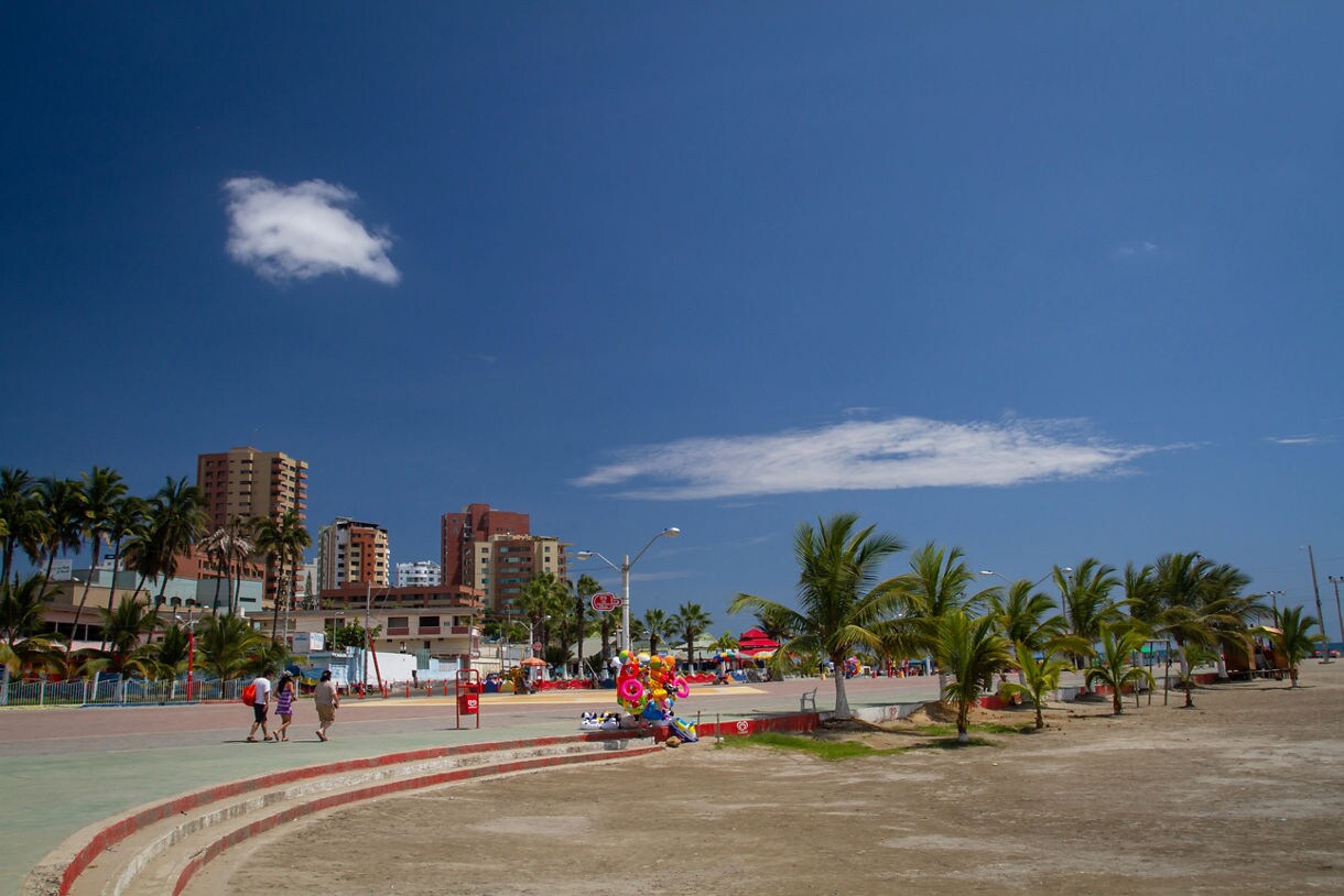 Wide beachfront walkway lined with palm trees and colorful vendor stalls, with tall city buildings in the background under a clear blue sky.