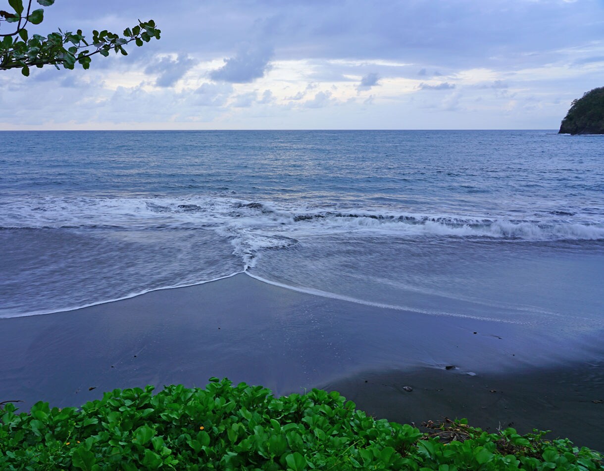 Soft waves meeting the dark sand of Matavai Bay at twilight, with low clouds over a calm blue horizon and green shoreline plants in the foreground.