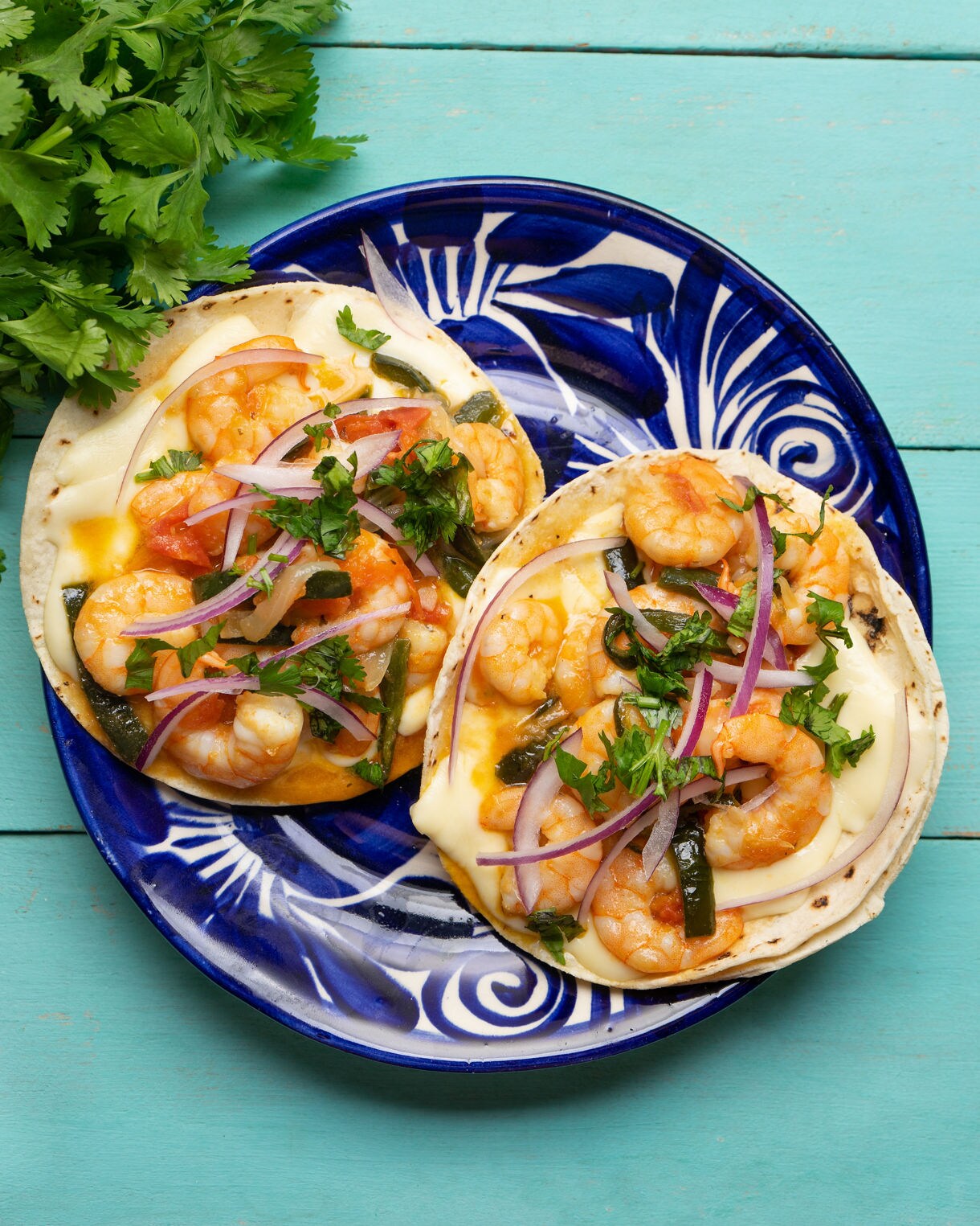 Two shrimp tacos on a blue ceramic plate topped with melted cheese, onions, tomatoes, cilantro and peppers on a turquoise table.