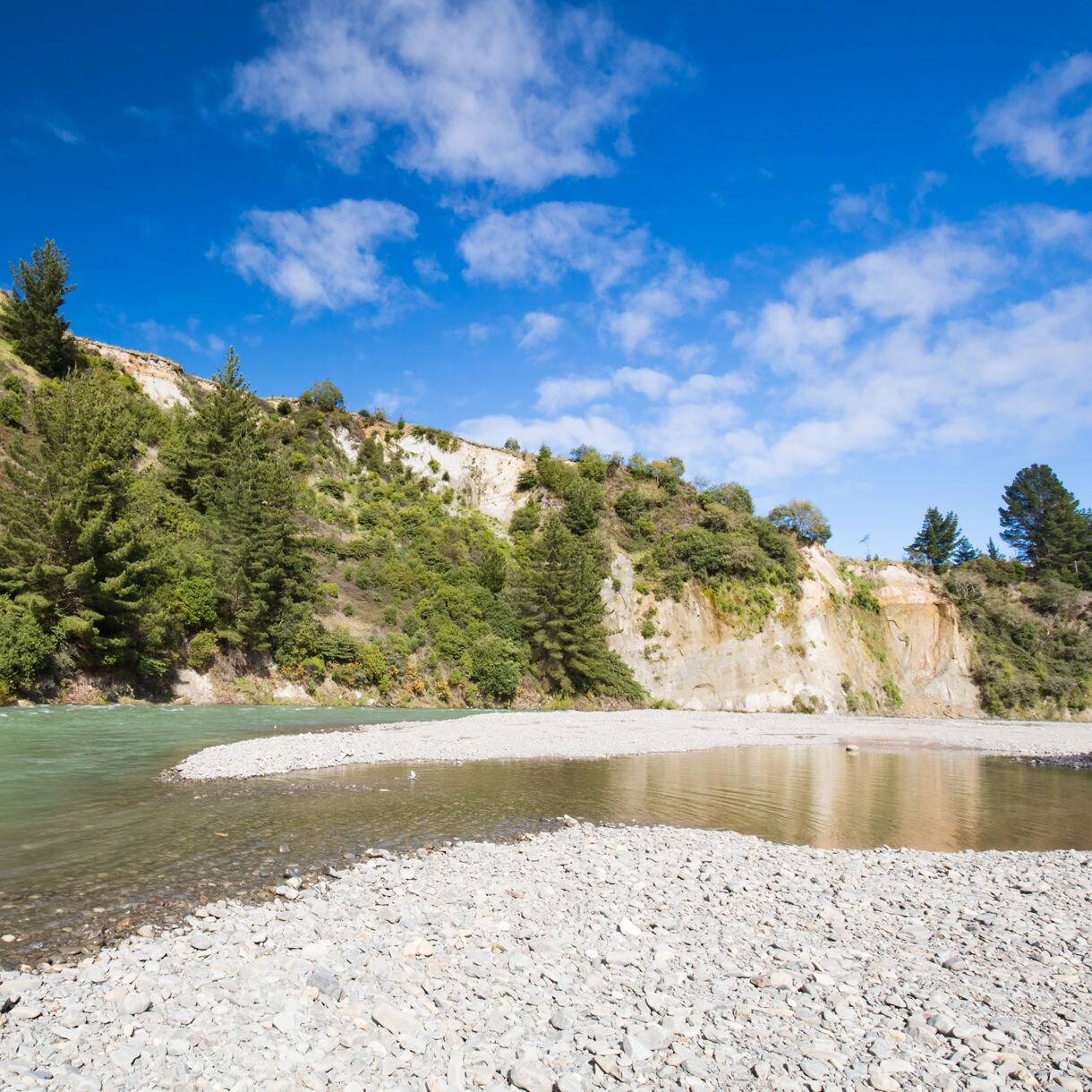 A shallow, turquoise river winding beside rocky shore and steep, tree-covered cliffs under a bright blue sky.