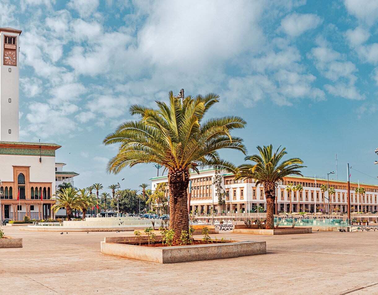 Wide public square with palm trees and large government buildings under a partly cloudy sky.
