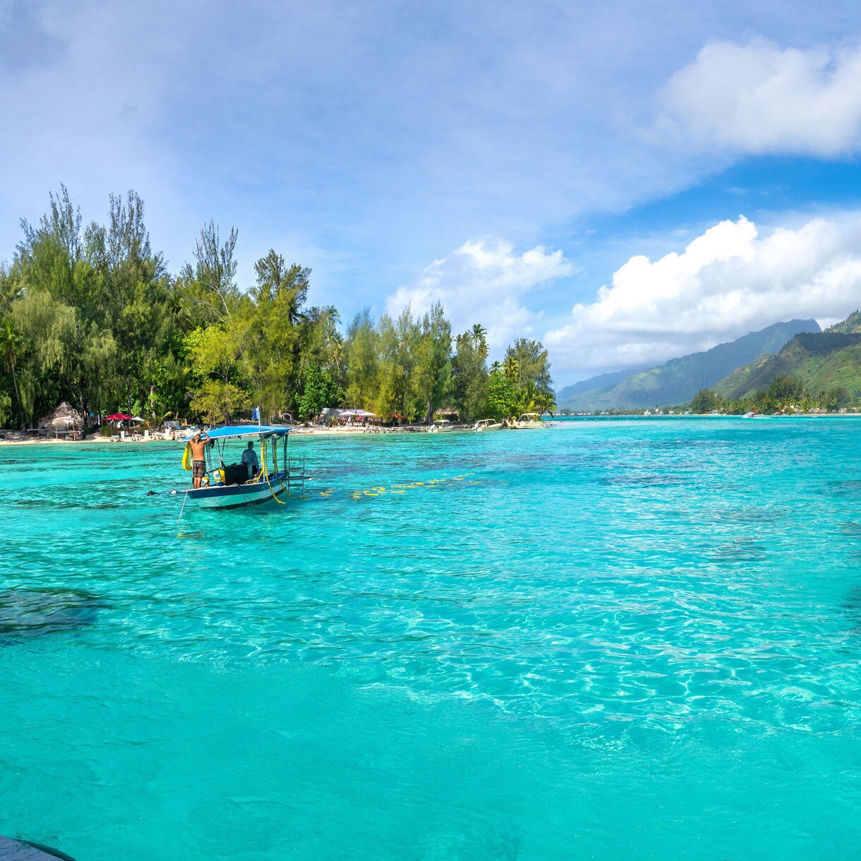 Bright turquoise lagoon with coral heads beneath the surface, a small boat with people nearby and lush green mountains in the distance.