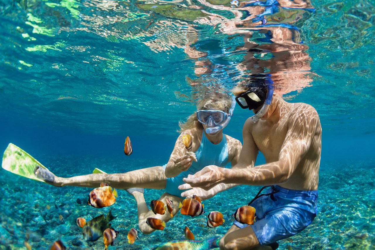 Two snorkelers swim in clear turquoise water above a rocky seabed, surrounded by small orange and brown reef fish as sunlight ripples across their masks and skin.