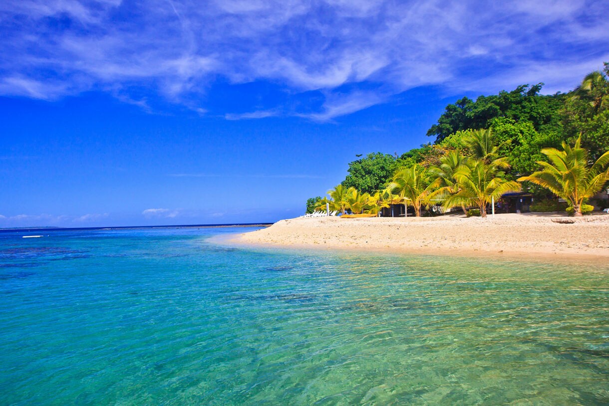 Quiet tropical beach with clear turquoise water, a curve of pale sand and tall palms under a bright blue sky.