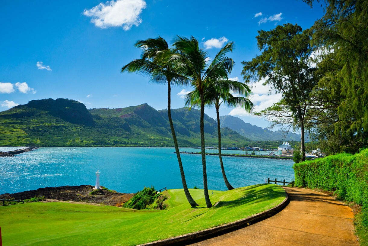  Scenic view of Nawiliwili Bay on Kauai with turquoise water, green hills, palm trees and a docked cruise ship in the distance.