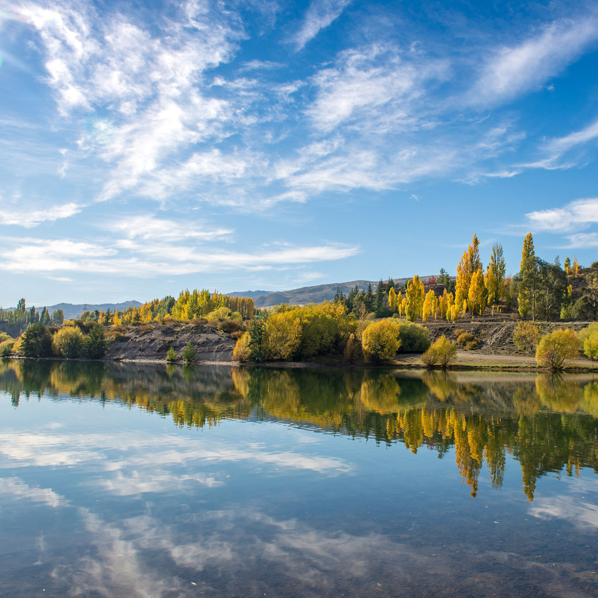 A calm river reflecting a row of golden and green autumn trees along its bank, with distant mountains and a partly cloudy sky above.