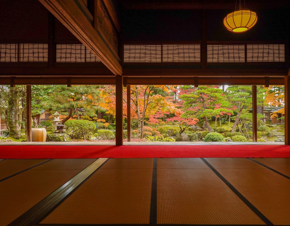 Interior view from a tatami room looking out onto a Japanese garden filled with vibrant fall foliage, including red and orange maple trees, manicured shrubs and moss-covered stones.