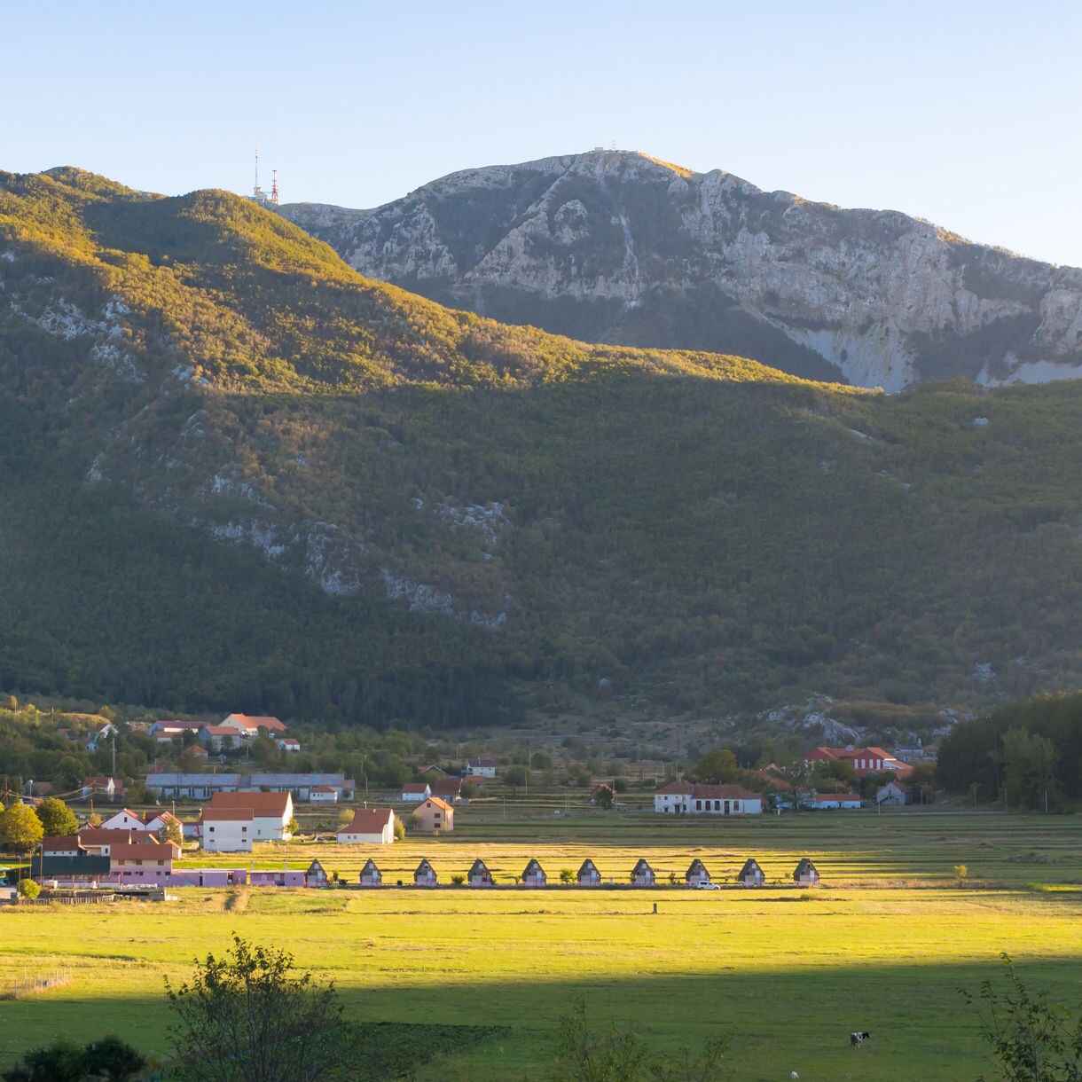 Small village of Njeguši in Montenegro with red-roofed houses and green fields, set against forested mountains and rocky peaks under evening light.