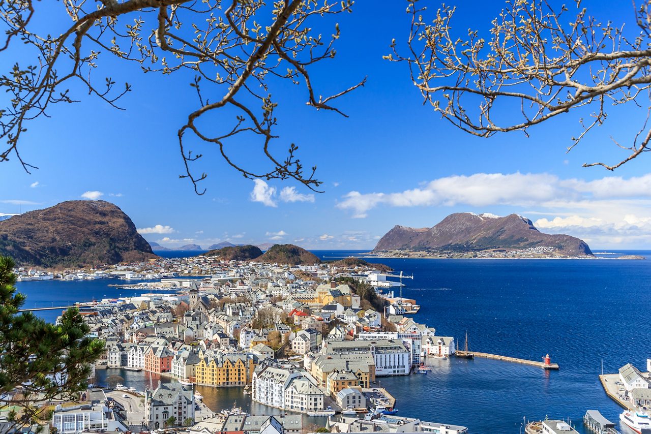 View of Ålesund Norway featuring pastel waterfront buildings, deep blue harbor waters and surrounding mountains under a clear sky framed by tree branches.
