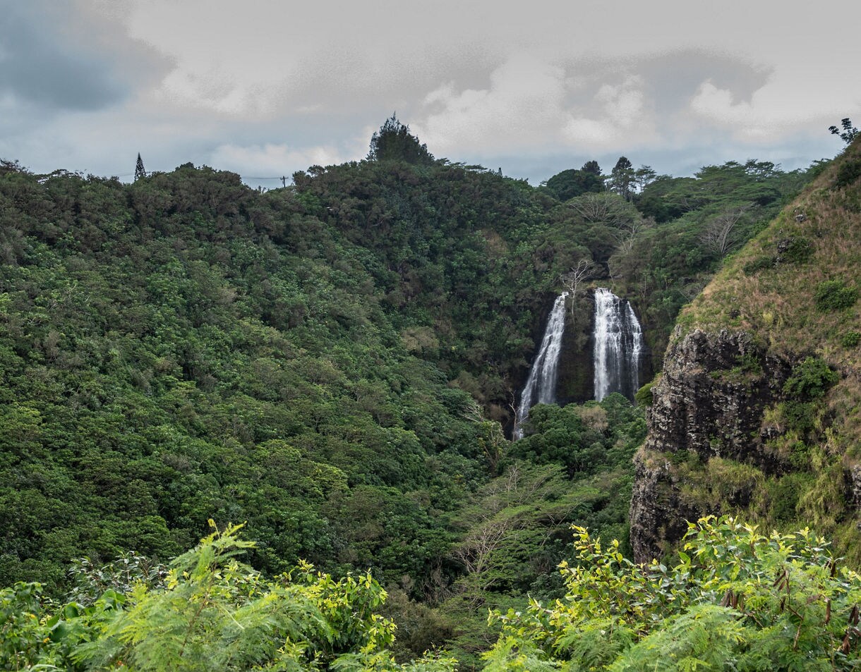 Distant view of Opaekaa Falls on Kauai, with twin streams of water flowing down a green, forested cliffside under cloudy skies.