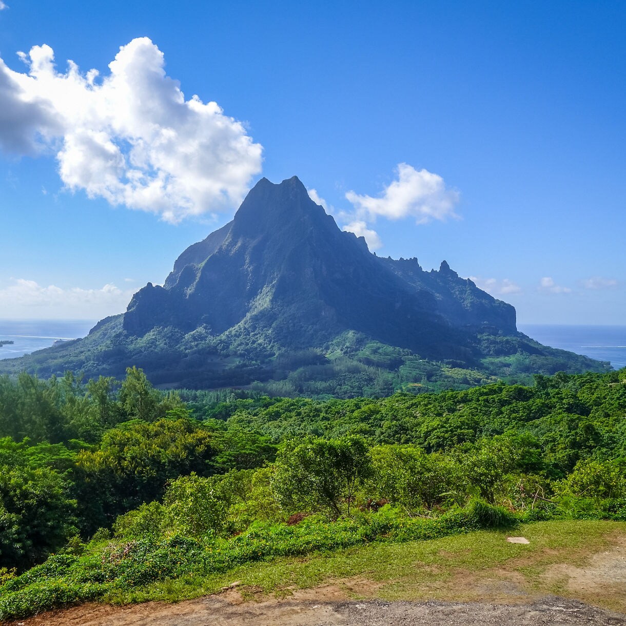 Towering mountain peak above dense green forest with Opunohu Bay and the Pacific Ocean stretching out on both sides.