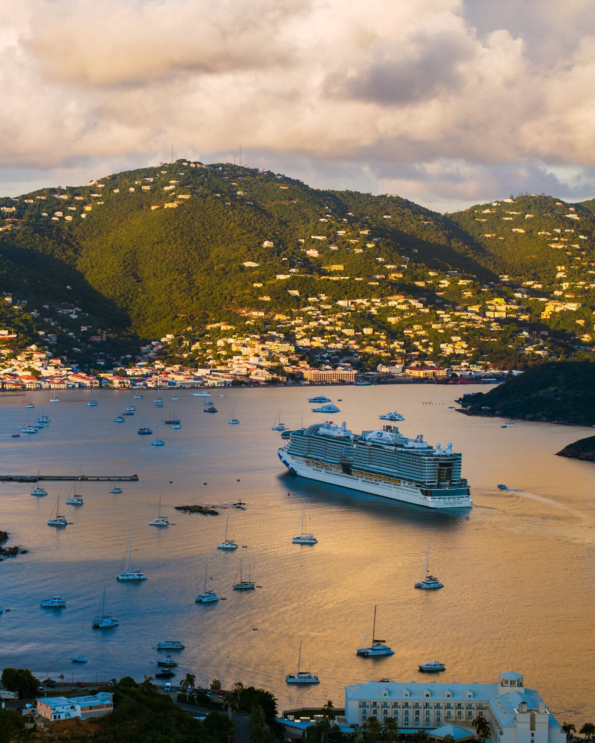 Cruise Ship in Scenic Island Harbor.