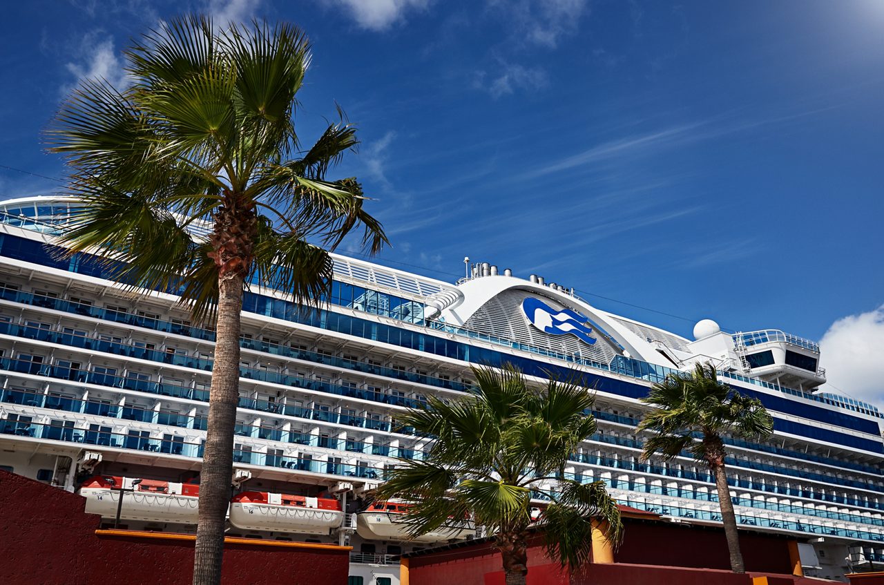 A modern cruise ship is docked at a port, with its multiple decks and distinctive blue and white design clearly visible. Tall palm trees line the foreground, adding a tropical atmosphere to the scene. The sky is bright and mostly clear, enhancing the vibrant and relaxed vacation mood. The ship features a prominent blue and white emblem on its side.