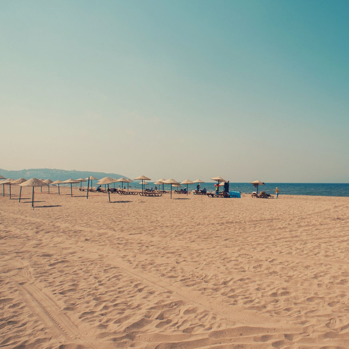 A broad sandy beach with rows of sun loungers and straw umbrellas near the shoreline, meeting calm blue sea under a clear sky.