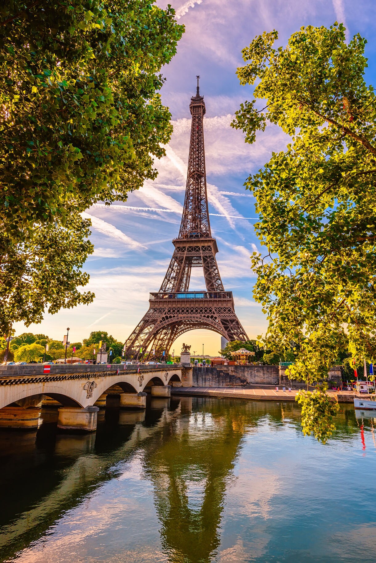 Eiffel Tower at long distance view, Seine River and Pont d'Iéna.