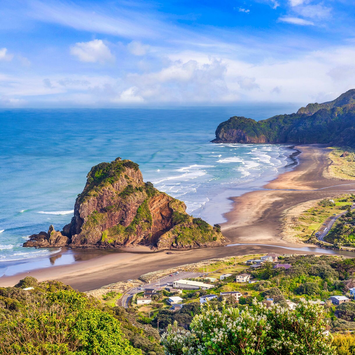 Aerial view of Piha Beach in New Zealand with Lion Rock, black sand shoreline, ocean waves and surrounding green hills and houses.