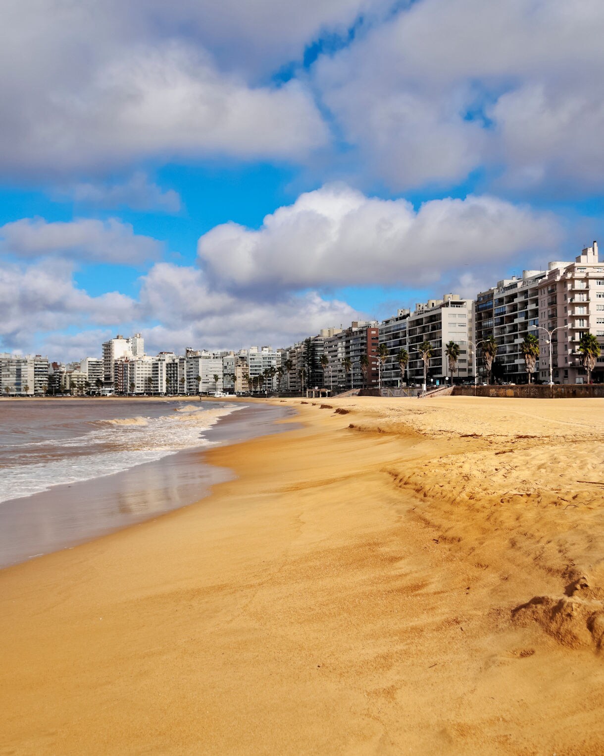 Wide sandy beach with gentle waves beside a long row of modern waterfront apartment buildings under a bright sky with scattered clouds.