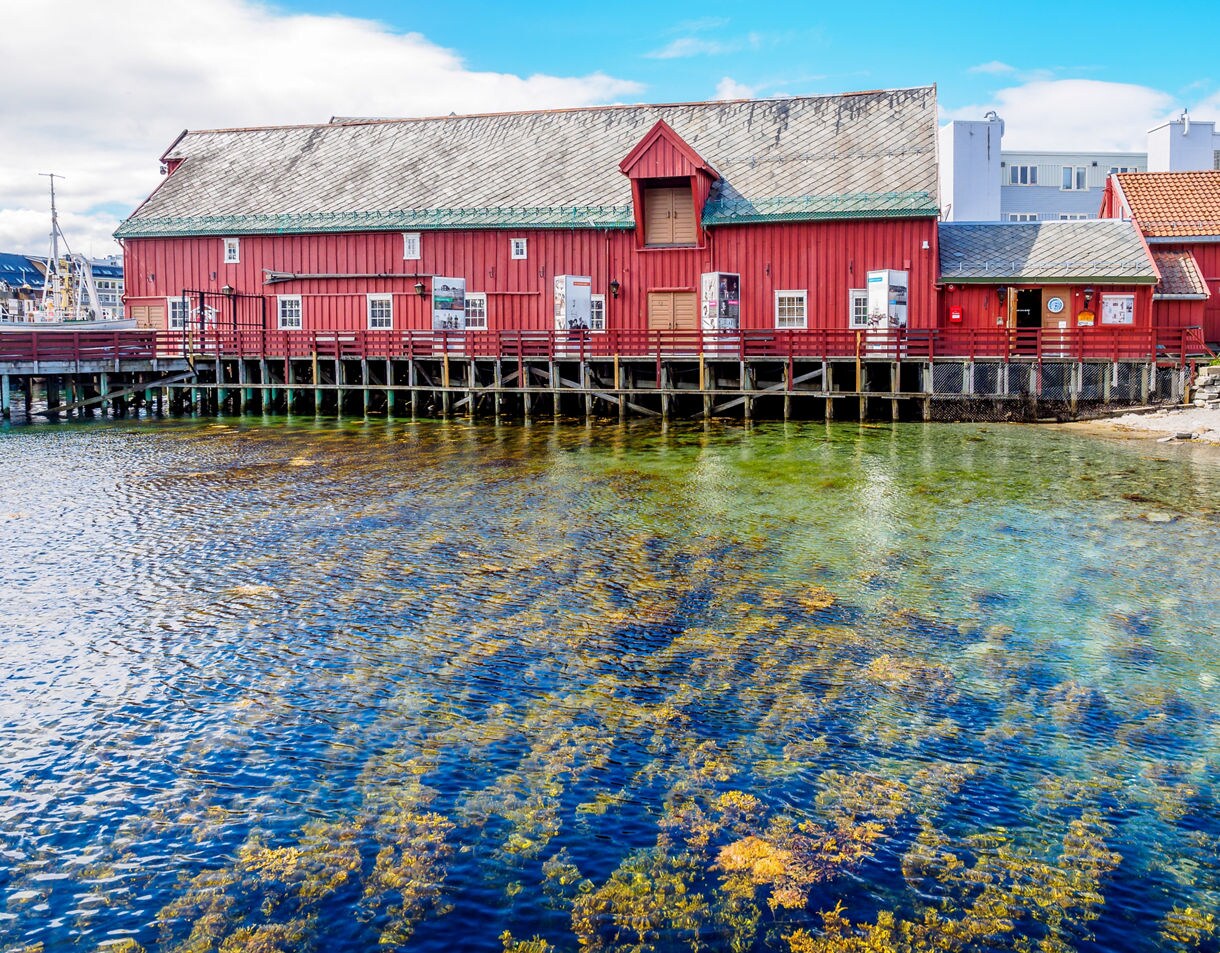 Red wooden Polar Museum building in Tromsø standing on stilts over clear water with seaweed visible below the surface.