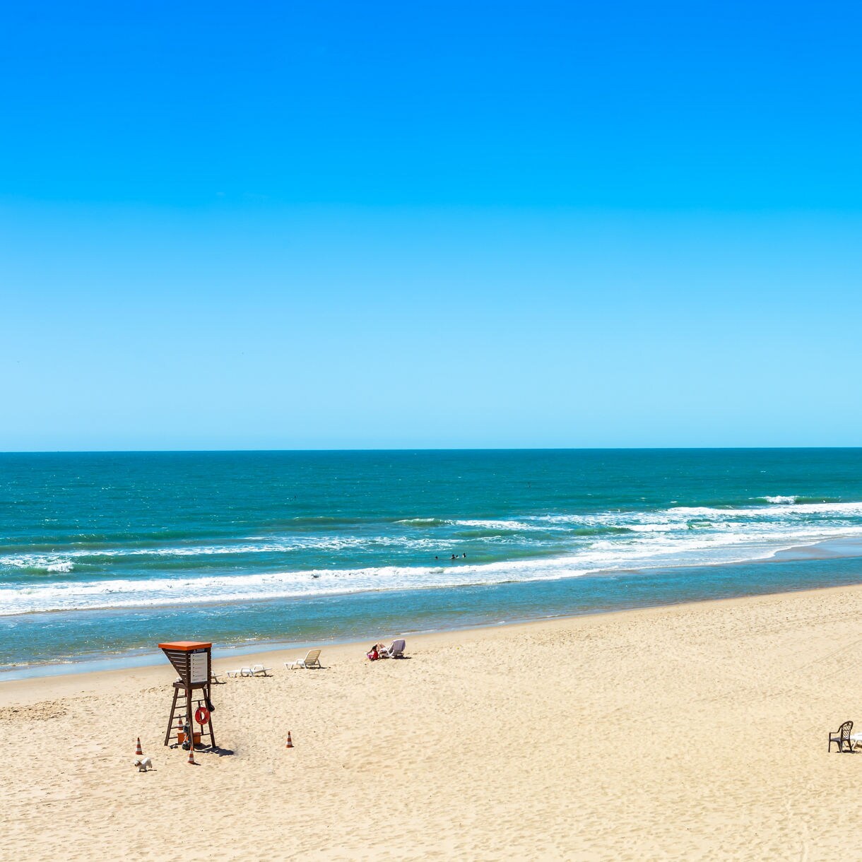 Wide sandy beach at Porto das Dunas with turquoise waves, scattered lounge chairs, a lifeguard stand and rows of palm trees under a clear blue sky.