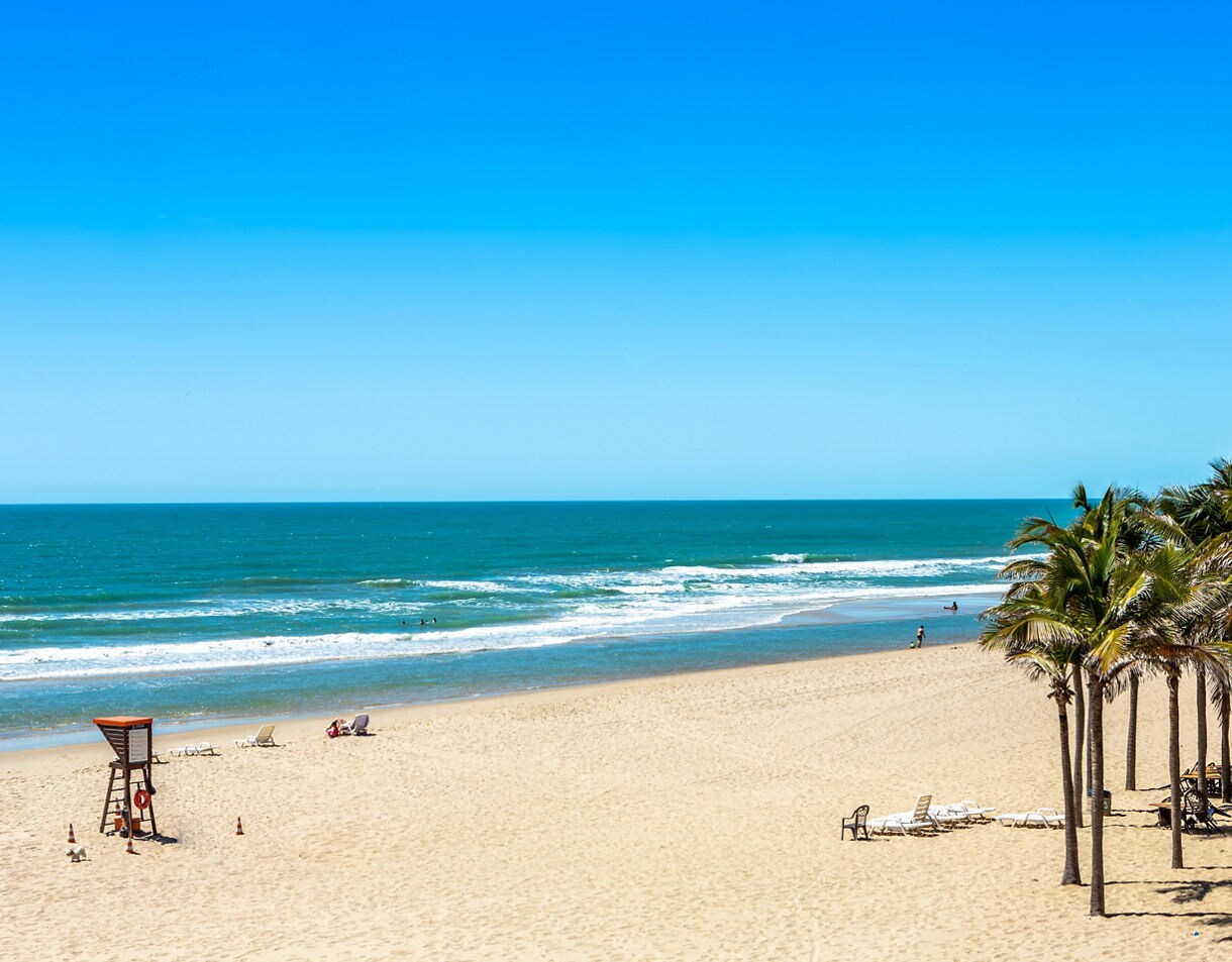 Quiet beach scene with pale sand, gentle turquoise surf, scattered lounge chairs and a row of palm trees under a bright blue sky.