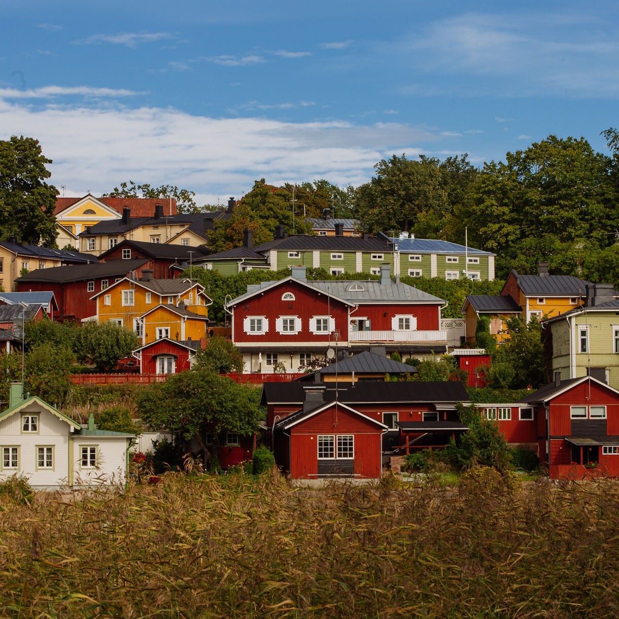View of Porvoo, Finland, with red, yellow and green wooden houses set on a hillside, framed by trees and the medieval cathedral rising above the town.