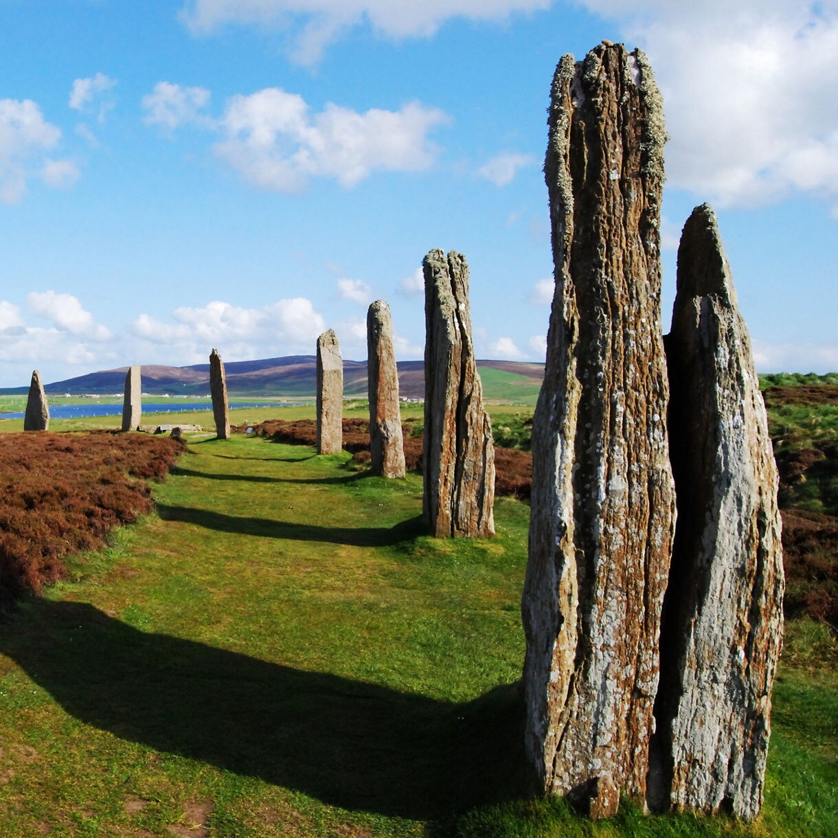 Standing stones of the Ring of Brodgar in Orkney, arranged in a wide circle across grassy moorland with hills and water in the distance.