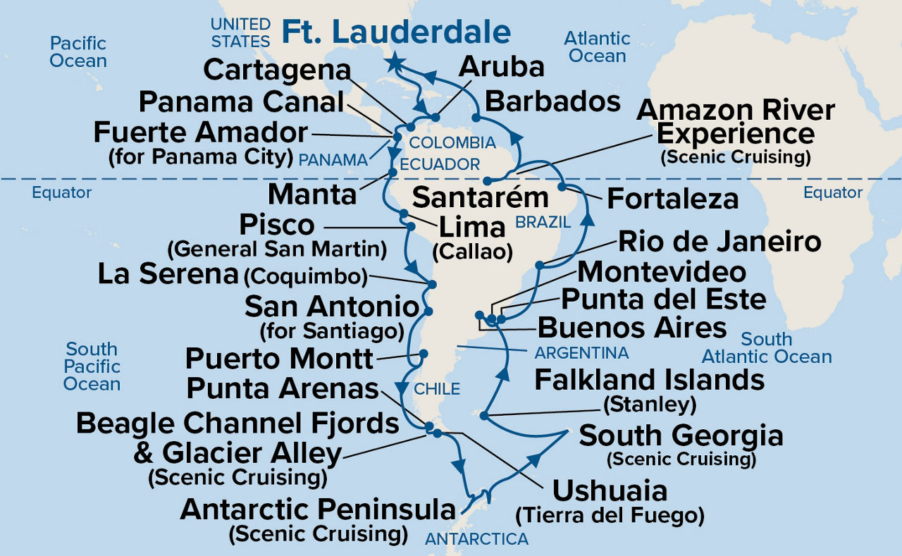 Circle South America: Antarctica, Amazon & Panama Canal — Itinerary Map