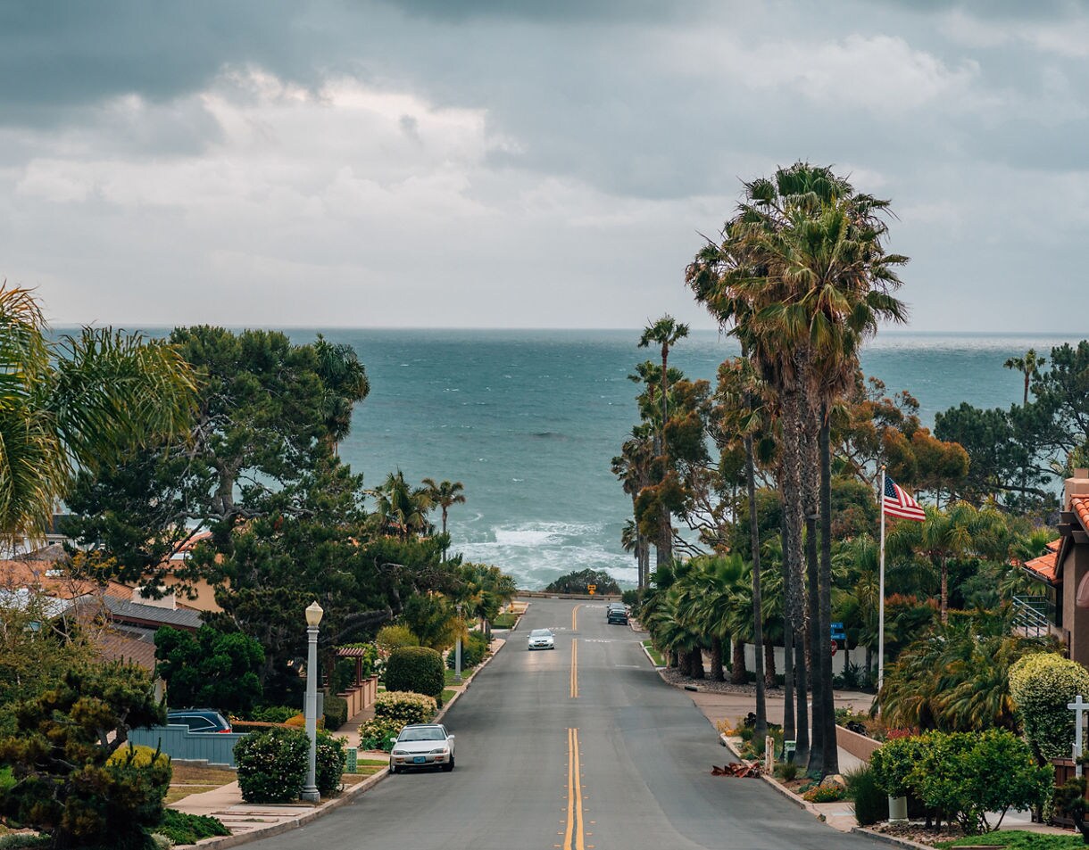 Residential street in San Diego lined with palm trees and houses, sloping toward the ocean under a cloudy sky.