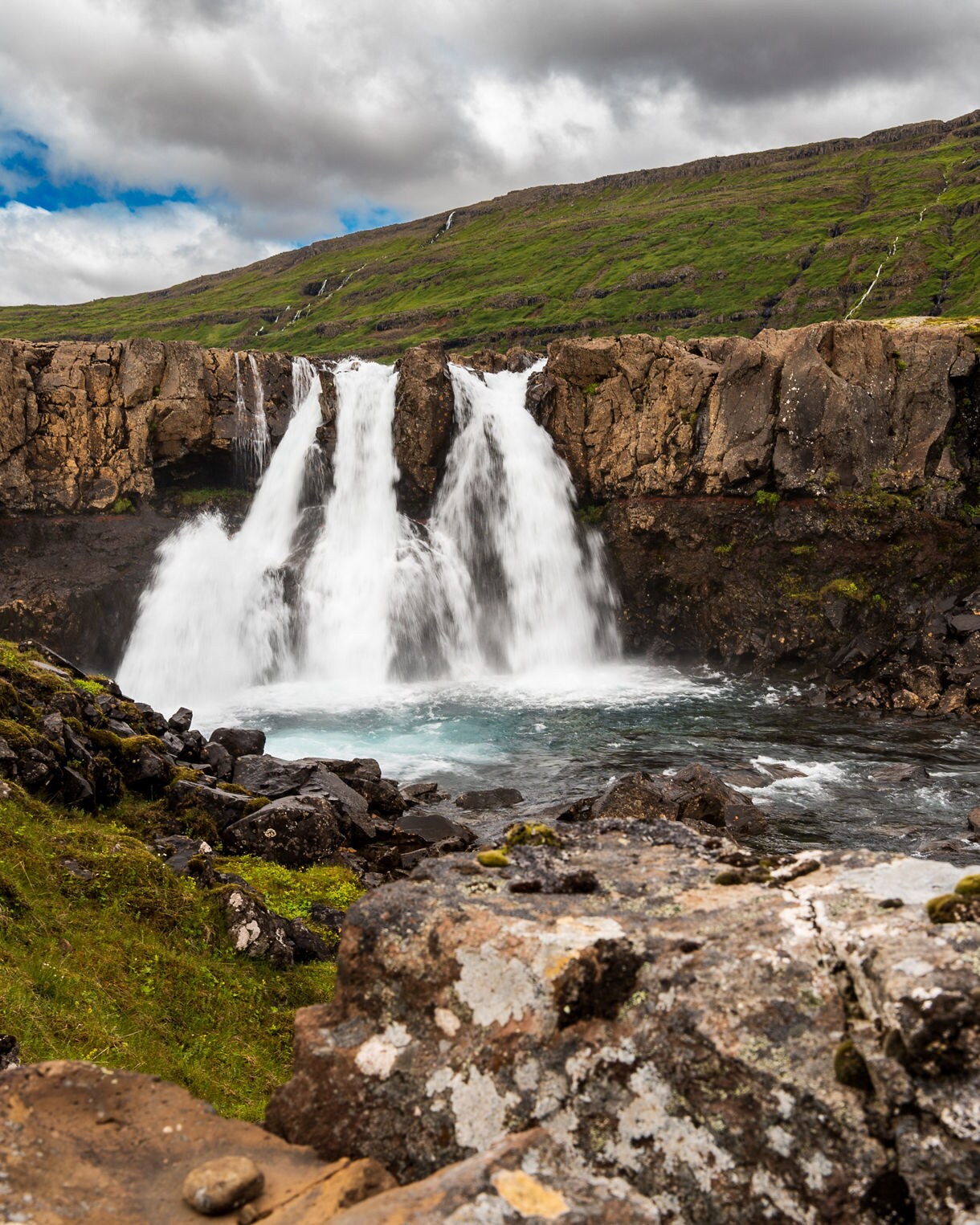 A roaring waterfall splits into multiple streams as it pours over rugged basalt cliffs into a rushing river surrounded by green, mossy hillsides under a cloudy sky.