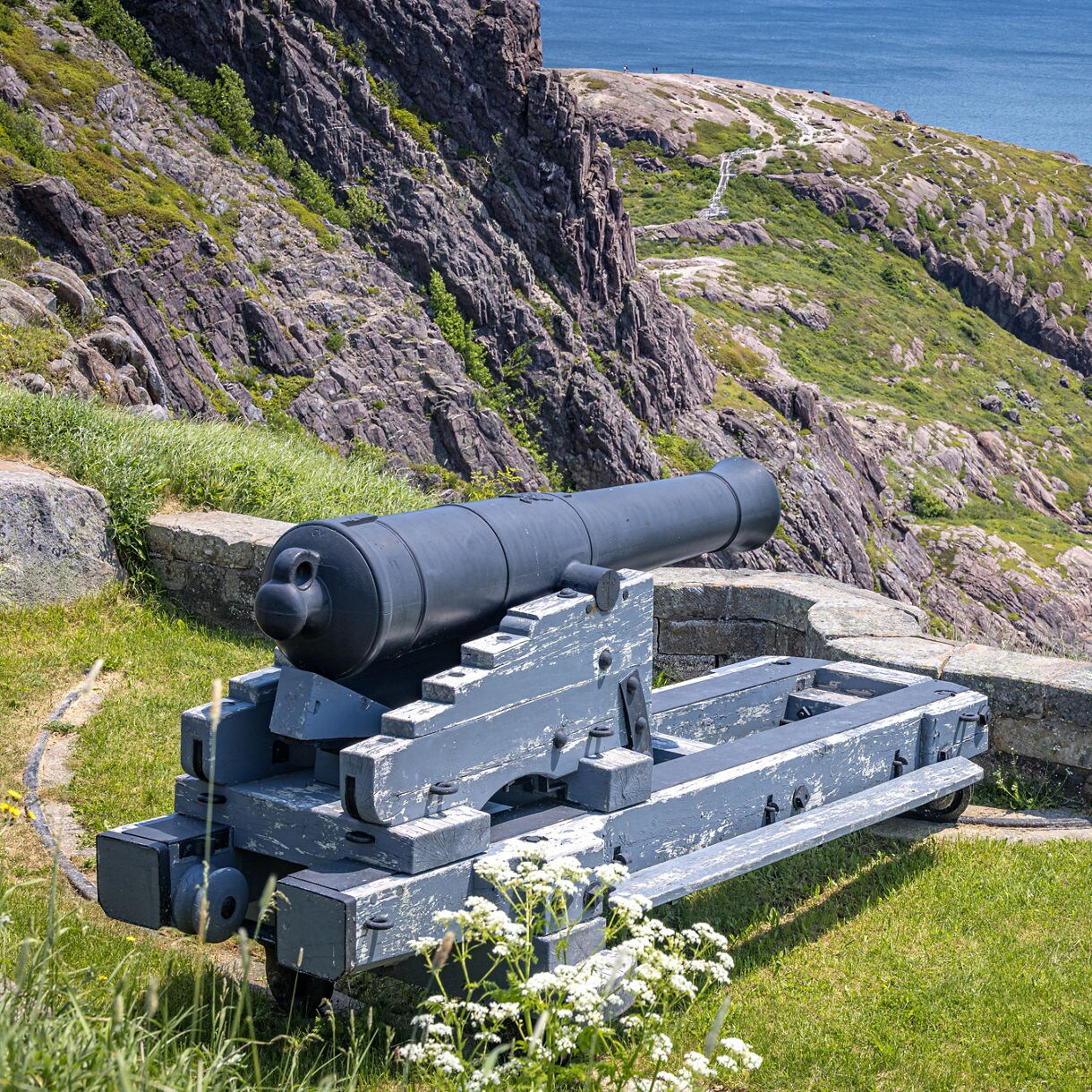 A historic black cannon mounted on a weathered wooden carriage at Signal Hill, overlooking steep rocky cliffs and blue ocean water on a sunny day.