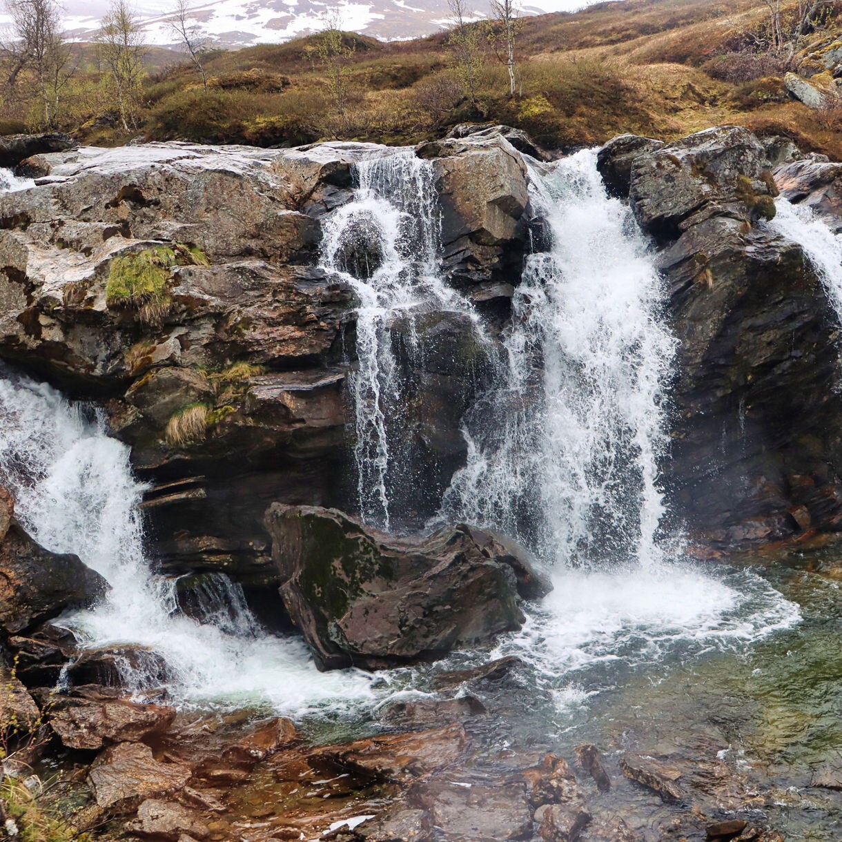 Small waterfall in Skjolden, Norway, with several streams flowing over dark rocks into a clear pool, surrounded by moss and alpine terrain.