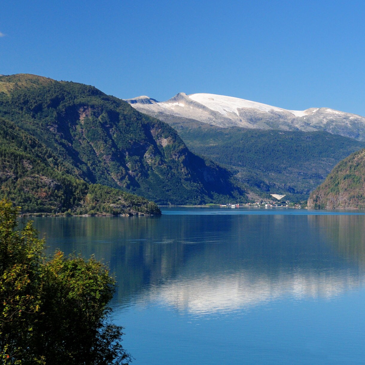 Lustrafjord in Skjolden, Norway, with deep blue water reflecting surrounding green mountains and distant white-capped peaks under a clear sky.