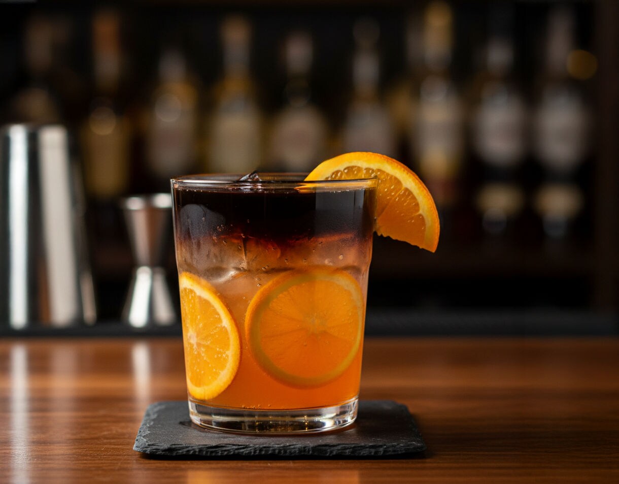 A layered cocktail with dark liquor over bright orange juice garnished with citrus slices.