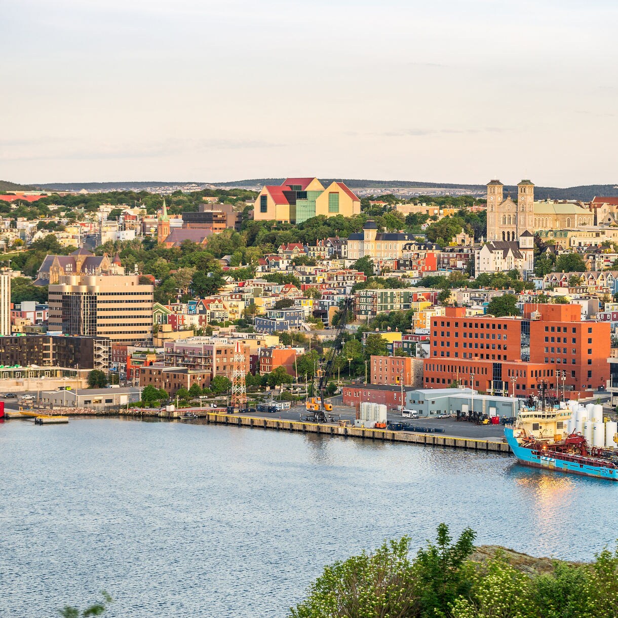 A wide cityscape of St. John’s, Newfoundland, showing the harbor, colorful hillside houses, large brick buildings, the Rooms museum and the twin-tower basilica under soft golden light.