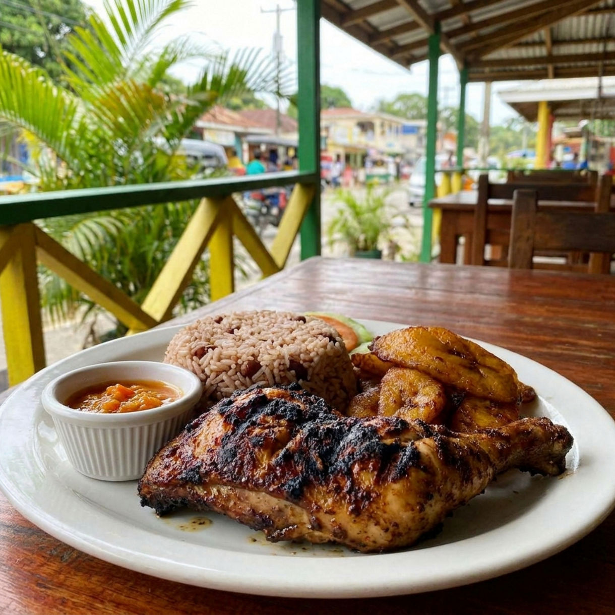 A plate of charred jerk chicken with rice and peas, fried plantains and a small cup of spicy sauce on a wooden table at an open-air restaurant with green and yellow railings, palm fronds and a bustling street behind.